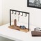 Black Metal Tabletop Key Holder with Burnt Wood Base – Entryway Catchall Organizer with 5 Hooks, Jewelry & Necklace Stand with Ring Tray ((Burnt Wood)